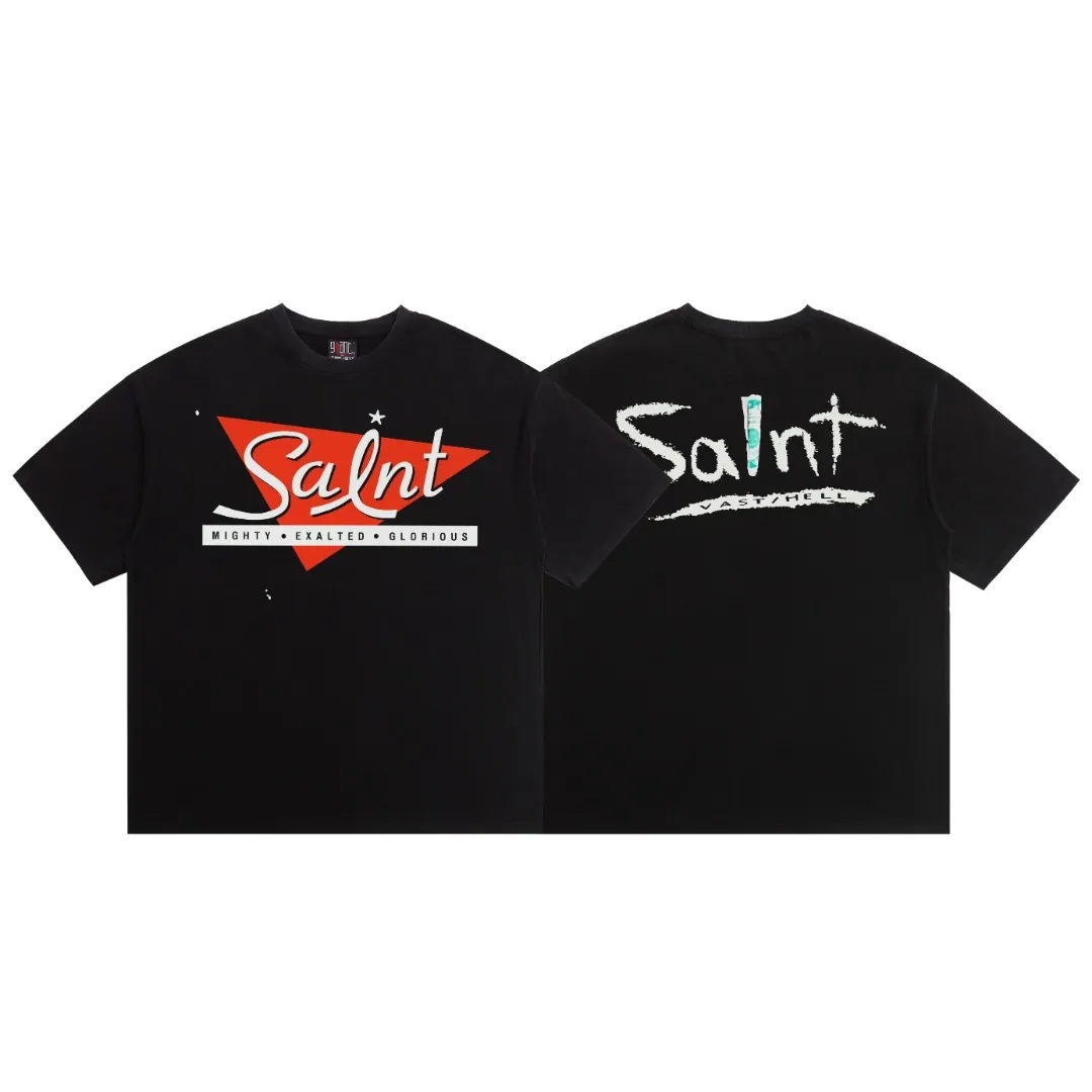 American Saint Michael retro triangular letter printed short-sleeved heavy vintage washed and distressed loose casual T-shirt. Digital white ink direct printing. The fabric is breathable and the pattern is three-dimensional and clear. Fabric: Double yarn 240g Style number: S935 Size: S-M-L-XL Color: Washed black Price: P118